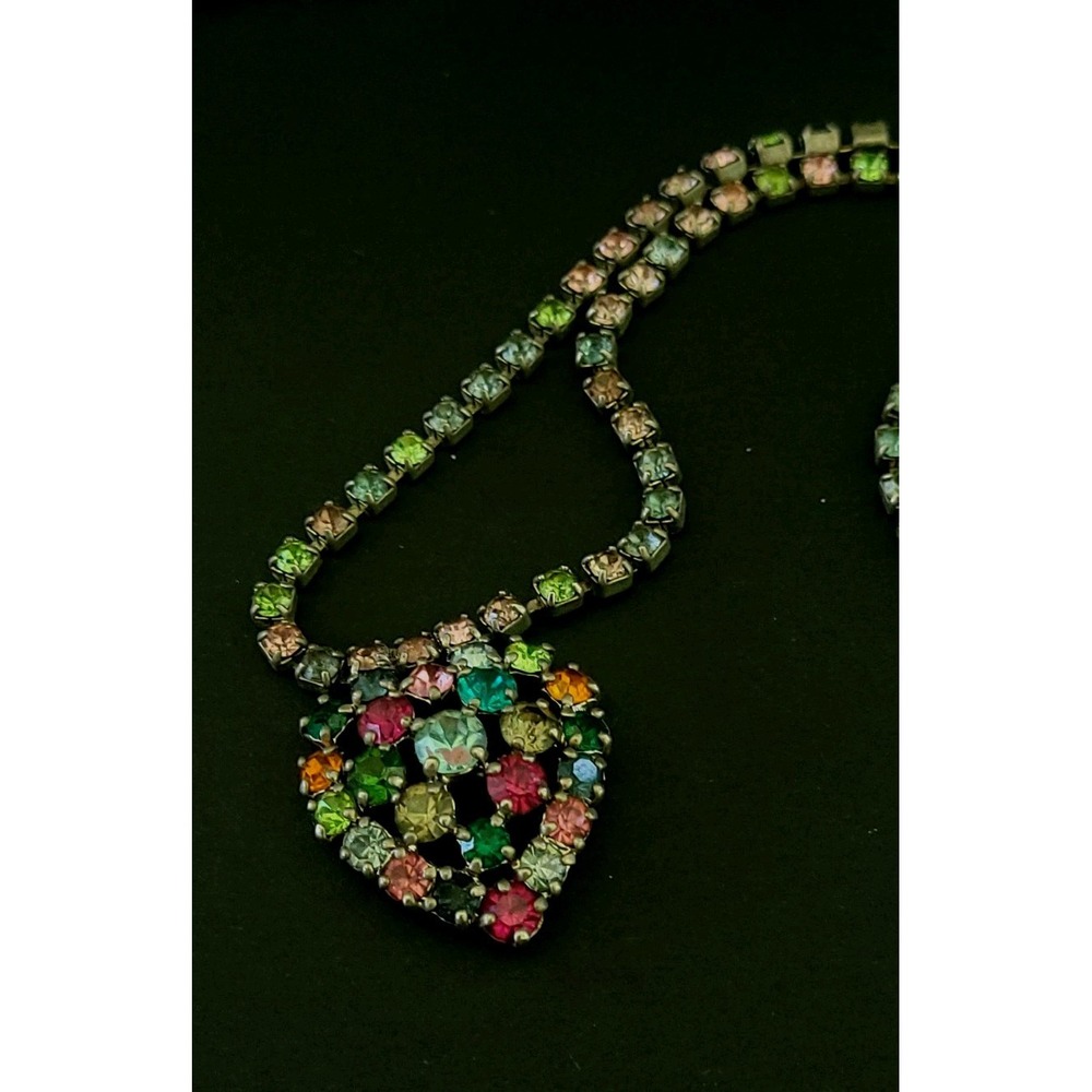 Vintage Multicolor Rhinestone Heart Pendant Necklace Pastel Jewel Tone 15"